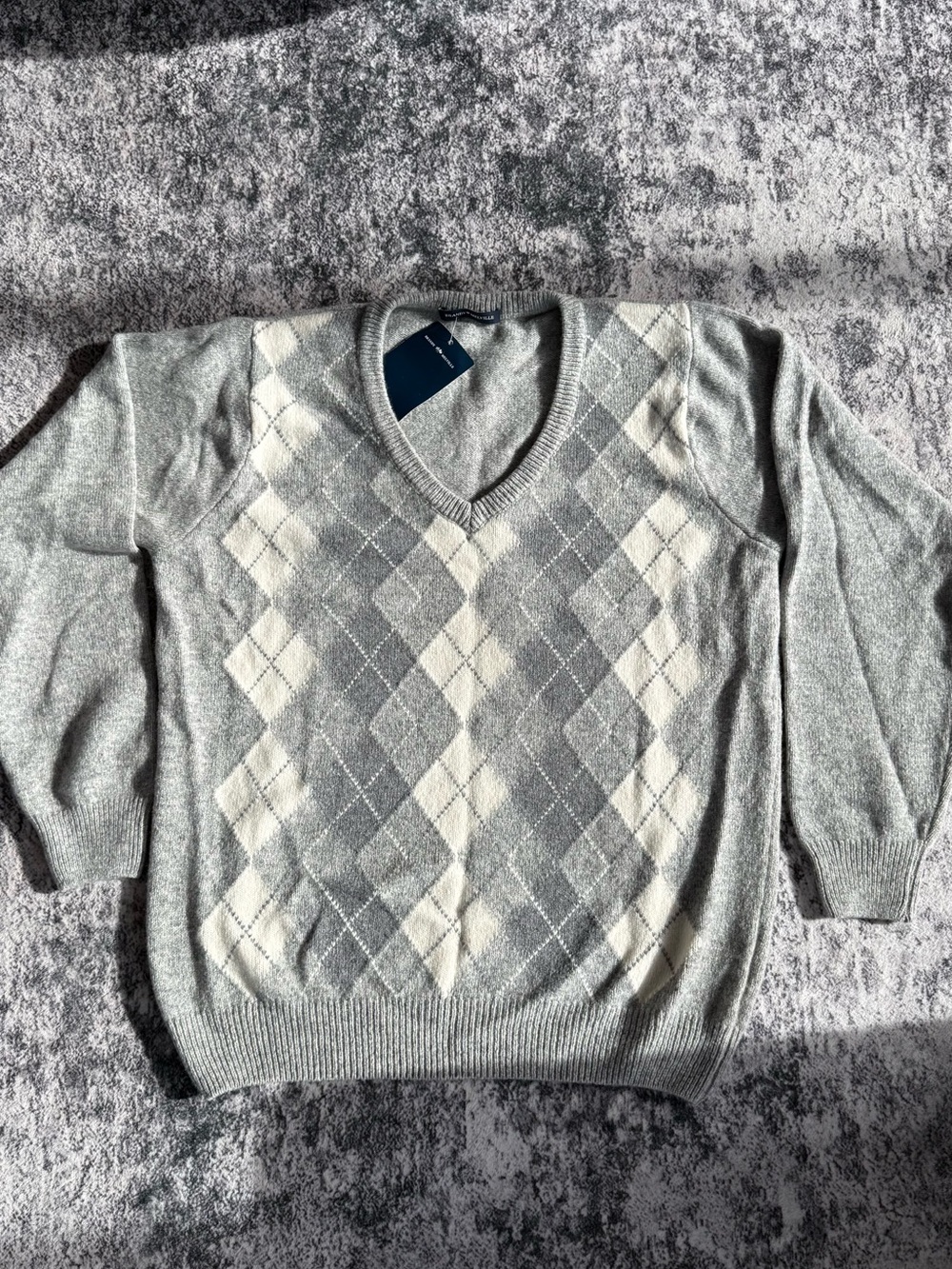 Brandy Melville Gray and Cream Argyle V-Neck Sweater